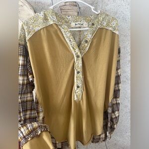 Three Bird Nest Mustard and Plaid Blouse